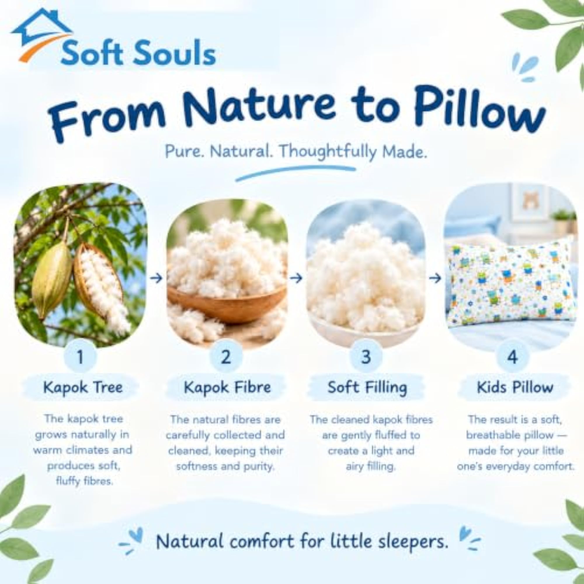Kids Pillow, Natural Kapok Cotton Toddler Pillow
